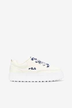 White / Navy Women's Fila Sandblast Low Satin Lace Sneakers | Fila038HY