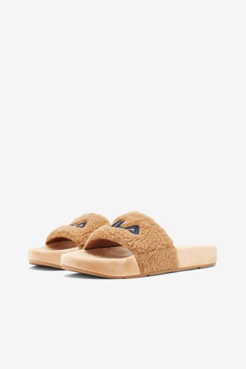 Beige / Navy / Red Women's Fila Fuzzy Drifter Slides | Fila579SB