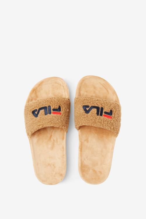 Beige / Navy / Red Women's Fila Fuzzy Drifter Slides | Fila579SB