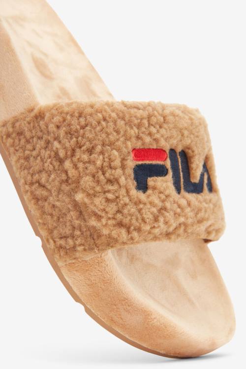 Beige / Navy / Red Women's Fila Fuzzy Drifter Slides | Fila579SB