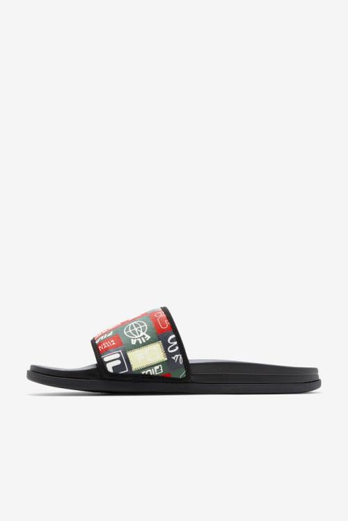 Black / Red / Multicolor Men's Fila Drifter Lux Patchwork Slides | Fila064GS