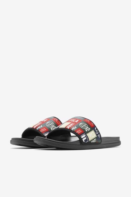 Black / Red / Multicolor Men's Fila Drifter Lux Patchwork Slides | Fila064GS