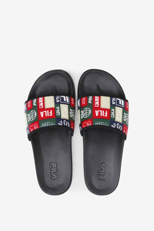 Black / Red / Multicolor Men's Fila Drifter Lux Patchwork Slides | Fila064GS