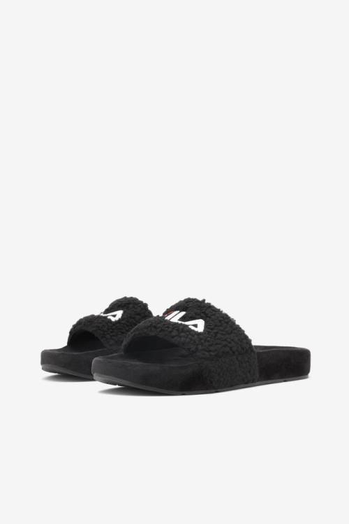 Black / Red / White Women's Fila Fuzzy Drifter Slides | Fila450JO