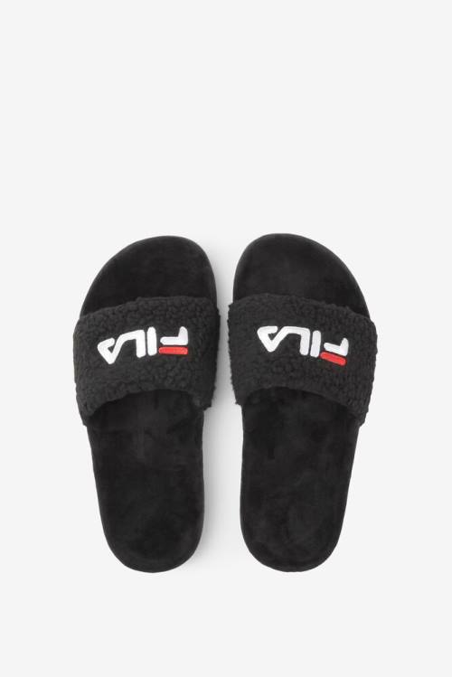 Black / Red / White Women's Fila Fuzzy Drifter Slides | Fila450JO