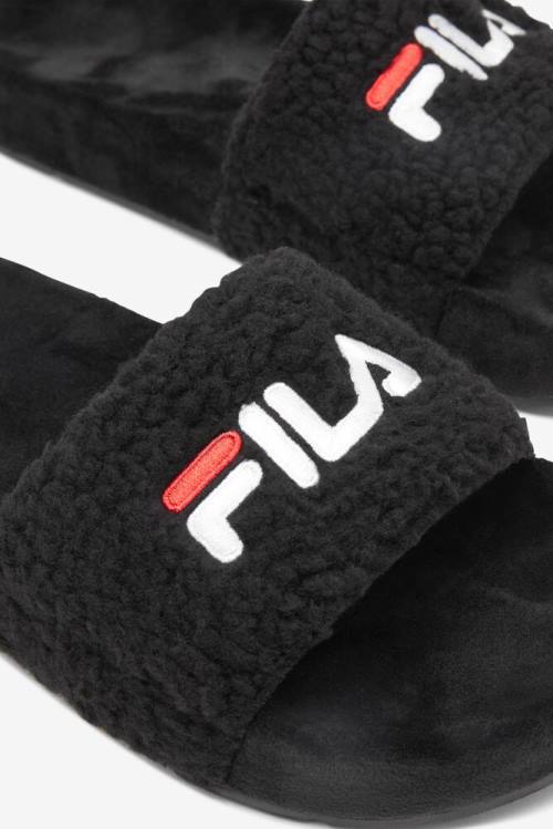 Black / Red / White Women's Fila Fuzzy Drifter Slides | Fila450JO