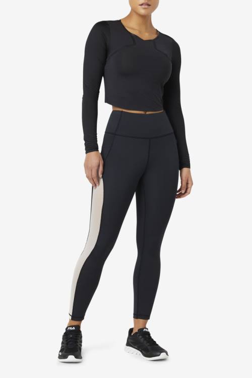 Black / White Women's Fila Forza Contrast 7/8 Leggings | Fila320LU