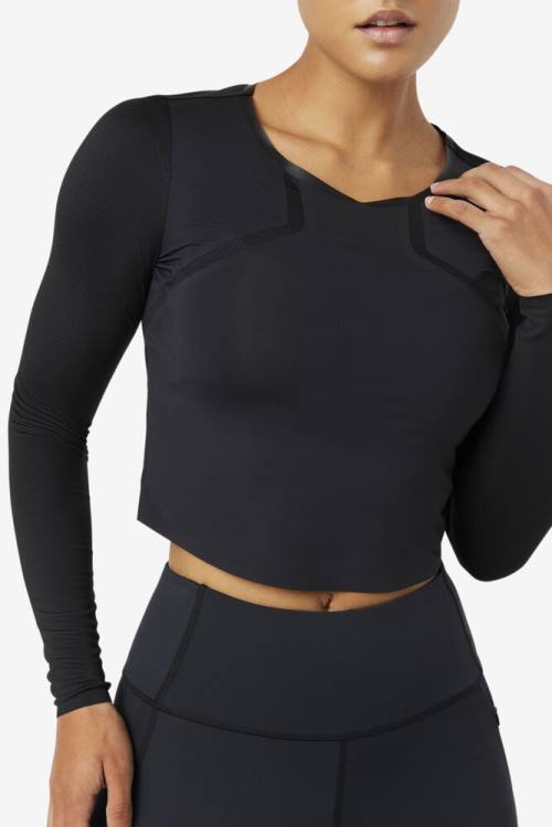 Black Women's Fila Uplift Long Sleeve Crop Sports Tops | Fila769FS