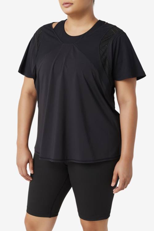 Black Women's Fila Uplift Textured Sleeve Sports Tops | Fila061CE