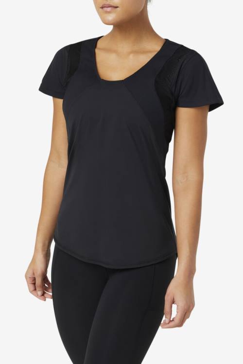 Black Women's Fila Uplift Textured Sleeve Sports Tops | Fila204WK