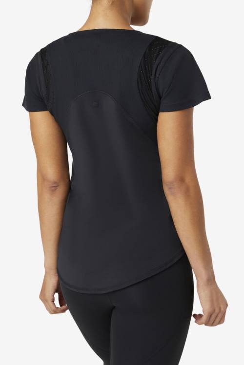 Black Women's Fila Uplift Textured Sleeve Sports Tops | Fila204WK