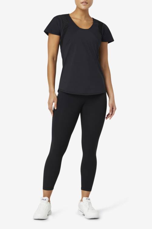 Black Women's Fila Uplift Textured Sleeve Sports Tops | Fila204WK