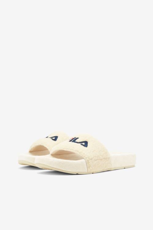 Cream / Navy / Red Women's Fila Fuzzy Drifter Slides | Fila475ZF