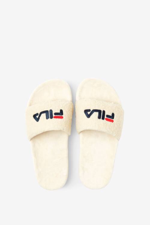 Cream / Navy / Red Women's Fila Fuzzy Drifter Slides | Fila475ZF