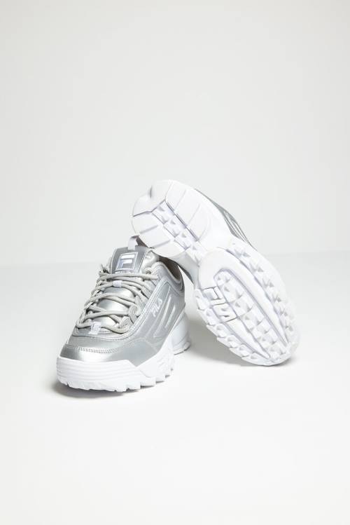 Metal Silver / White Women's Fila Disruptor 2 Premium Metallic Sneakers | Fila230NY