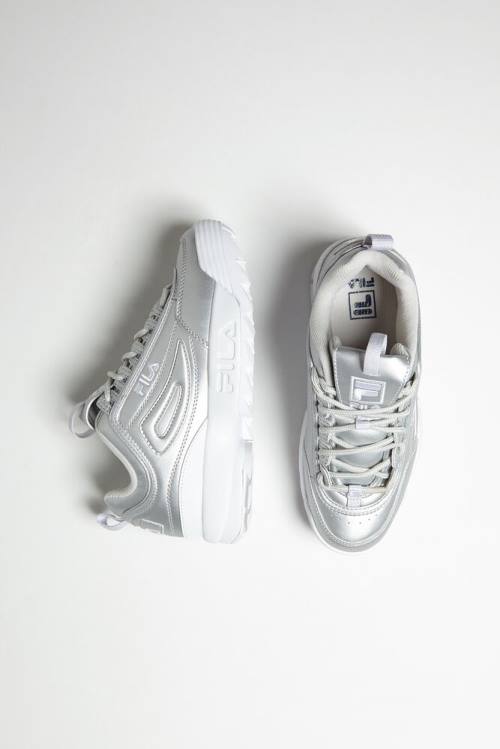 Metal Silver / White Women's Fila Disruptor 2 Premium Metallic Sneakers | Fila230NY