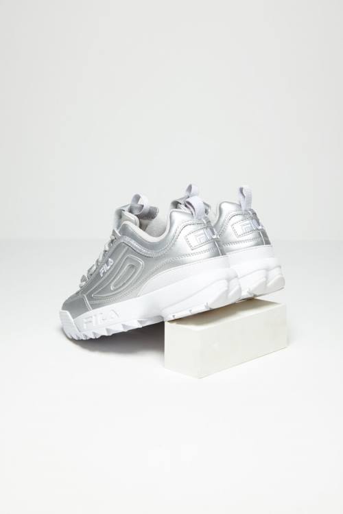 Metal Silver / White Women's Fila Disruptor 2 Premium Metallic Sneakers | Fila230NY