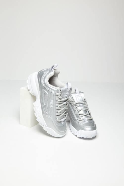 Metal Silver / White Women\'s Fila Disruptor 2 Premium Metallic Sneakers | Fila230NY