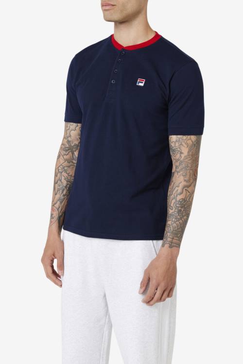 Navy / Red Men's Fila Ralph Henley T Shirts | Fila598UF