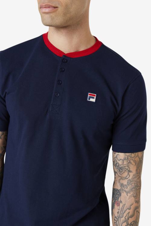 Navy / Red Men's Fila Ralph Henley T Shirts | Fila598UF