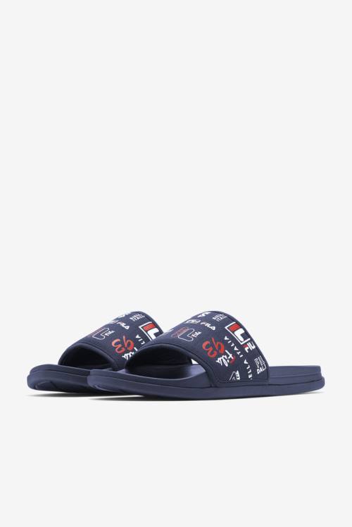 Navy / Red / White Men's Fila Drifter Lux Patchwork Slides | Fila195UP