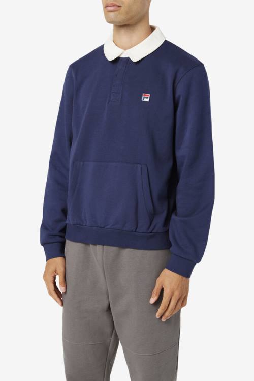 Navy / White Men's Fila Edison Fleece Rugby Sweatshirts | Fila051LF