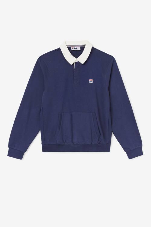 Navy / White Men\'s Fila Edison Fleece Rugby Sweatshirts | Fila051LF