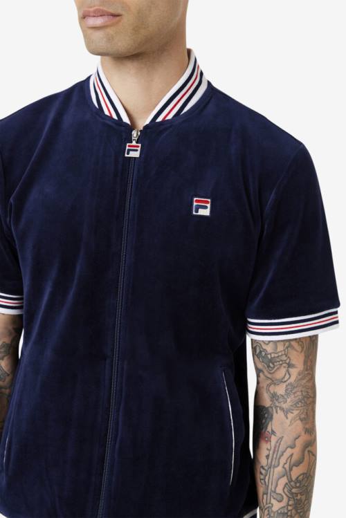 Navy / White Men's Fila Estudio Velour Jackets | Fila132SM