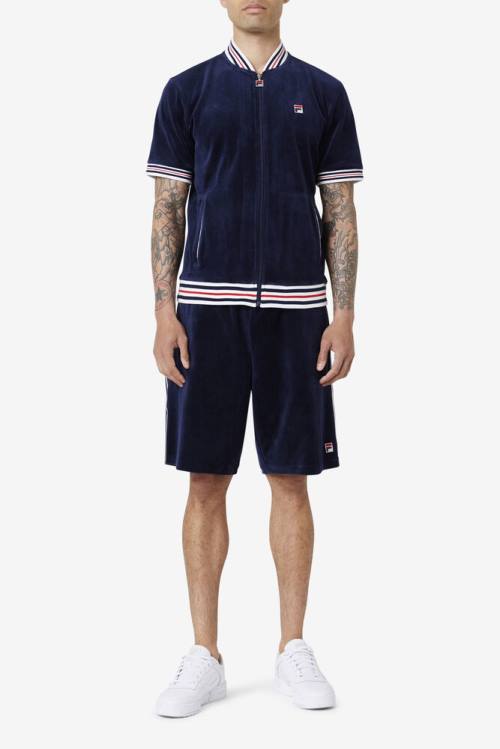 Navy / White Men's Fila Estudio Velour Shorts | Fila416JY