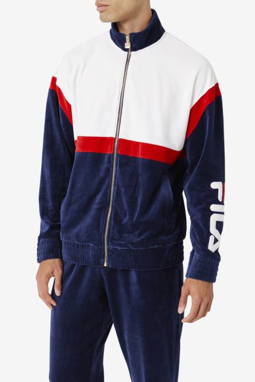 Navy / White / Red Men's Fila Mansur Velour Jackets | Fila103BV