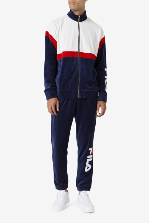 Navy / White / Red Men's Fila Mansur Velour Jackets | Fila103BV