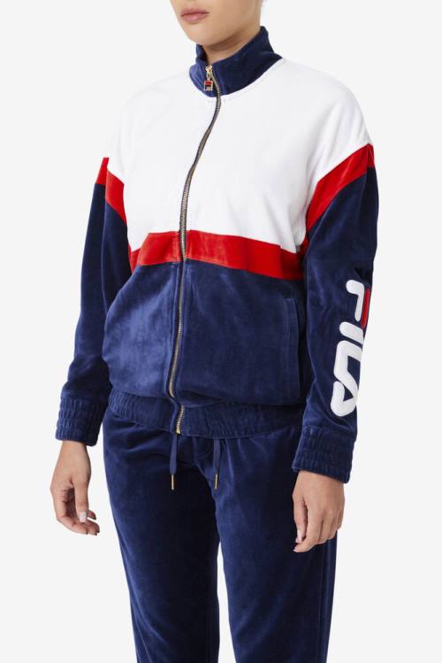 Navy / White / Red Men's Fila Mansur Velour Jackets | Fila103BV