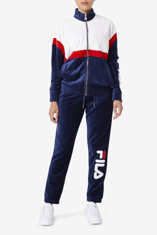 Navy / White / Red Men's Fila Mansur Velour Jackets | Fila103BV