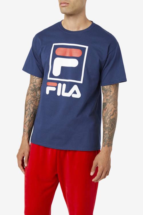 Navy / White / Red Men's Fila Stacked Tee T Shirts | Fila783DC