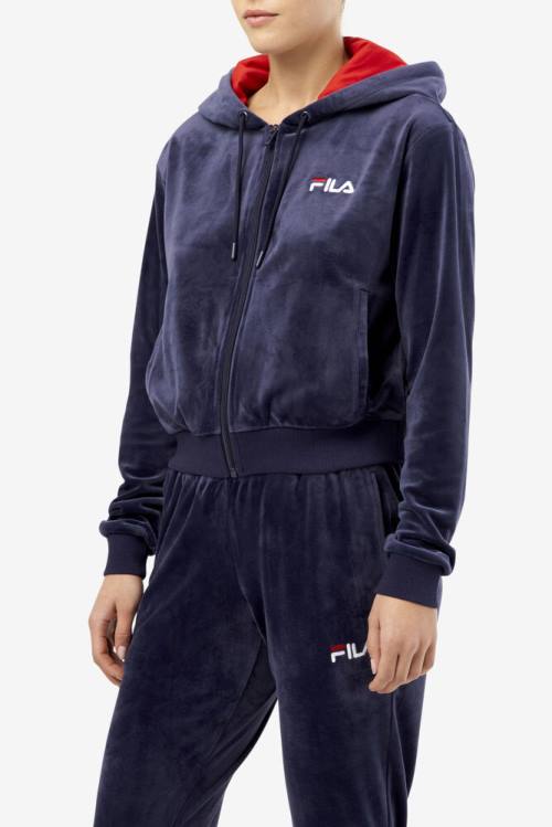 Navy Women's Fila Zura Velour Jackets | Fila860KJ