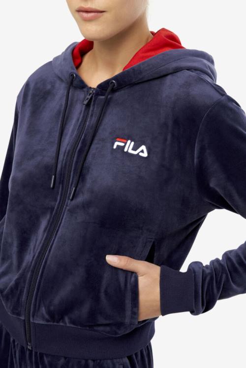 Navy Women's Fila Zura Velour Jackets | Fila860KJ