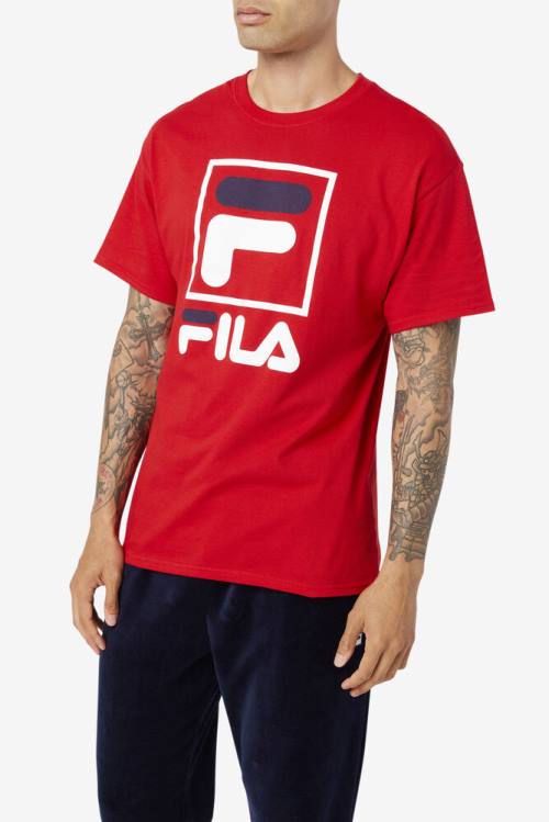 Red / White / Navy Men's Fila Stacked Tee T Shirts | Fila801QA