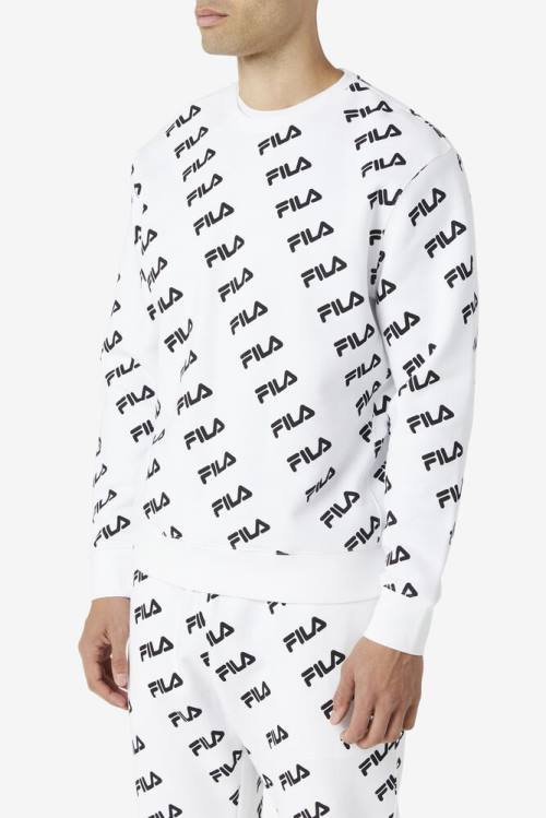 White / Black Men's Fila Diagonal Logo Crew Sweatshirts | Fila279QW