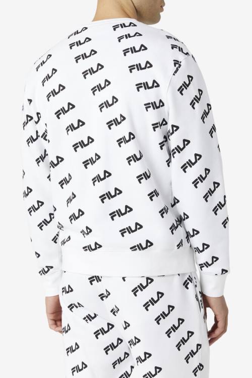 White / Black Men's Fila Diagonal Logo Crew Sweatshirts | Fila279QW