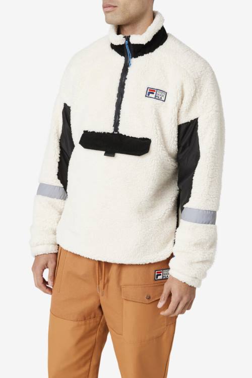 White / Black Men's Fila Dyno Sherpa 1/2 Zip Sweaters | Fila541PO