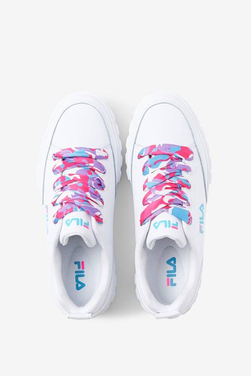 White / Blue / Metal Silver Women's Fila Sandblast Low Satin Lace Sneakers | Fila695QJ