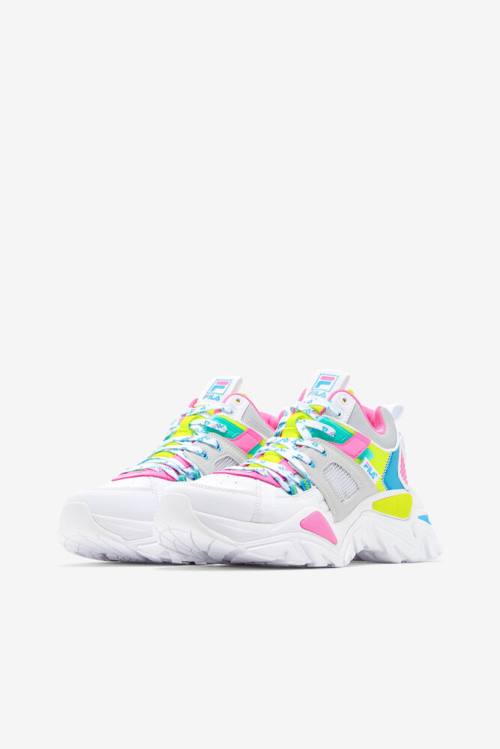 White / Grey / Yellow Women's Fila Cage Mid Mixed Media Sneakers | Fila145YN