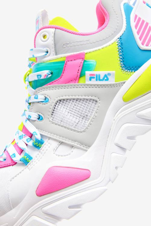 White / Grey / Yellow Women's Fila Cage Mid Mixed Media Sneakers | Fila145YN