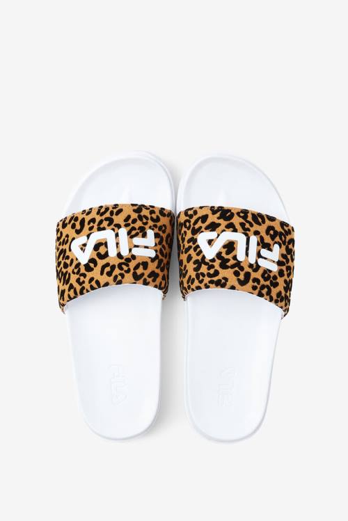 White / Leopard Women's Fila Drifter Luxe Wild Slides | Fila382WR