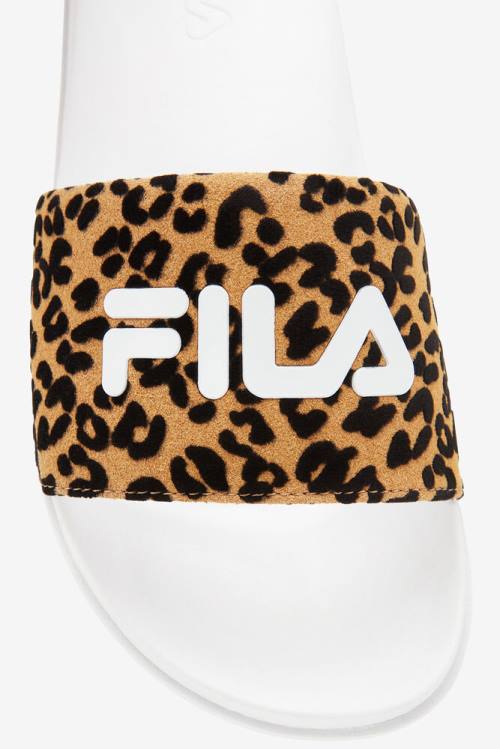 White / Leopard Women's Fila Drifter Luxe Wild Slides | Fila382WR