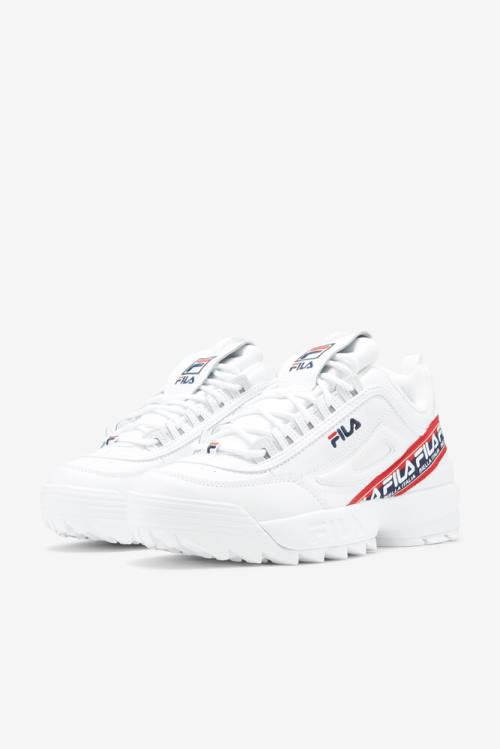 White / Navy / Red Men's Fila Disruptor 2 Premium Logo Tape Sneakers | Fila593RZ