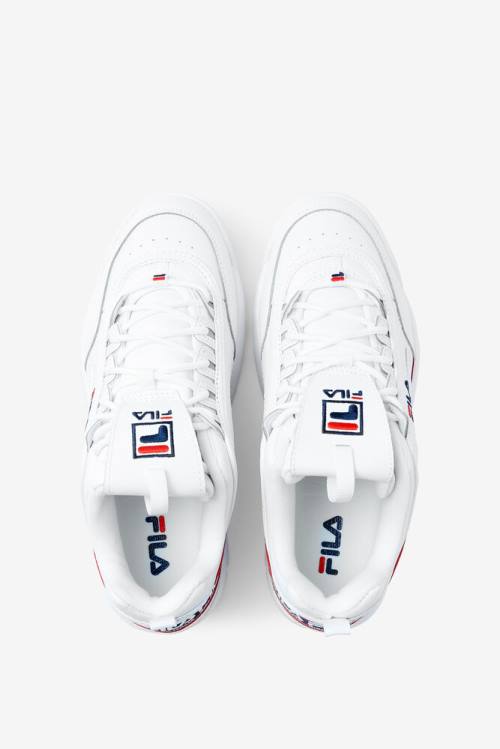 White / Navy / Red Men's Fila Disruptor 2 Premium Logo Tape Sneakers | Fila593RZ