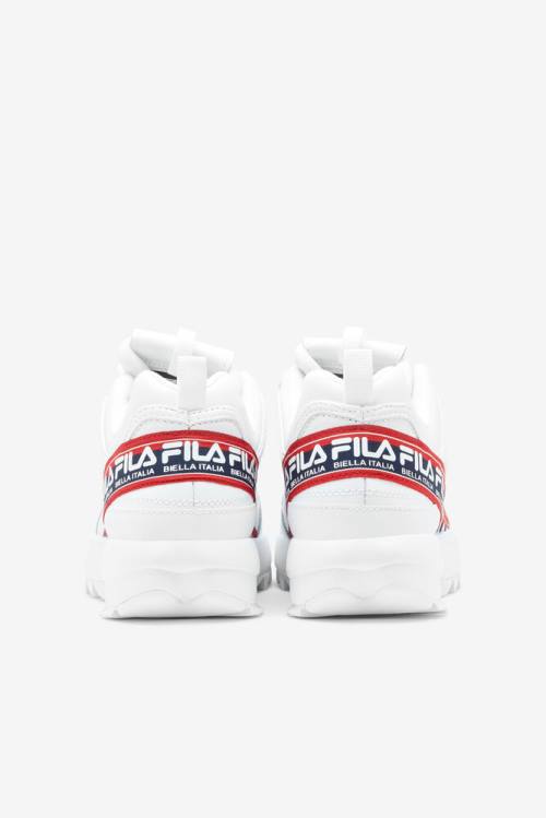 White / Navy / Red Men's Fila Disruptor 2 Premium Logo Tape Sneakers | Fila593RZ