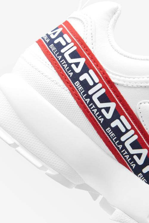 White / Navy / Red Men's Fila Disruptor 2 Premium Logo Tape Sneakers | Fila593RZ