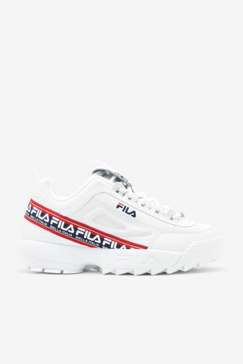 White / Navy / Red Men\'s Fila Disruptor 2 Premium Logo Tape Sneakers | Fila593RZ